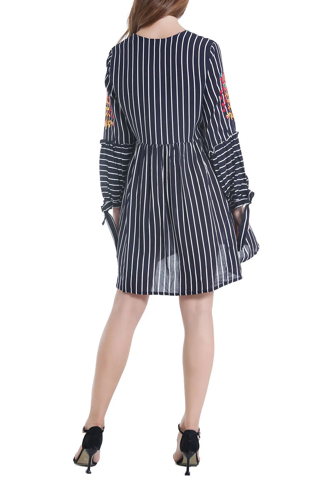 Loose Embroidered Striped Three-quarter Sleeve Embroidery In Long Shirt Women