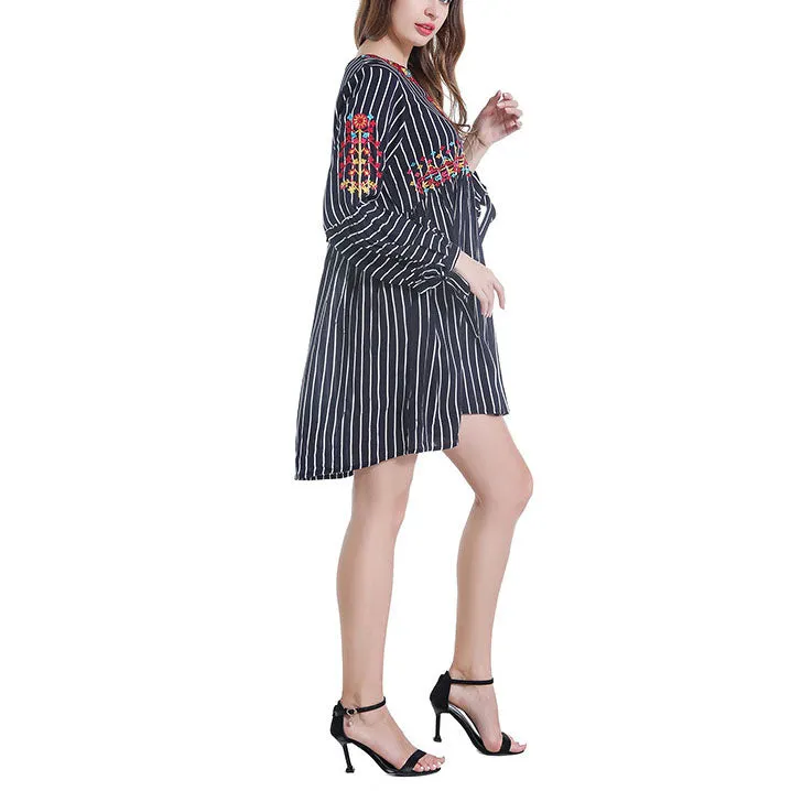 Loose Embroidered Striped Three-quarter Sleeve Embroidery In Long Shirt Women