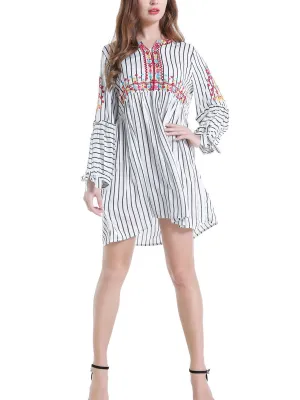 Loose Embroidered Striped Three-quarter Sleeve Embroidery In Long Shirt Women
