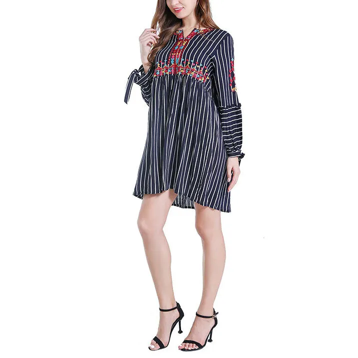 Loose Embroidered Striped Three-quarter Sleeve Embroidery In Long Shirt Women