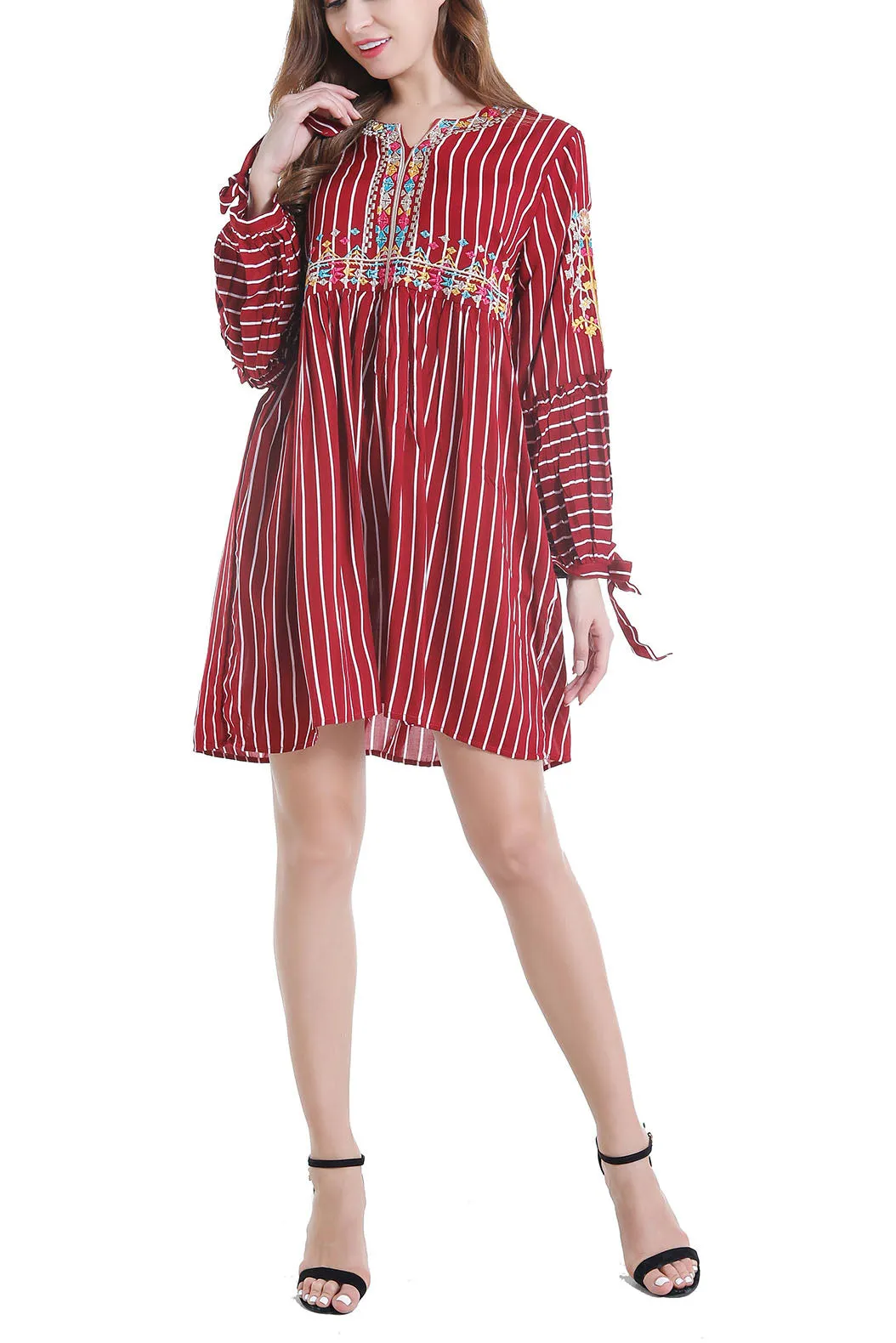 Loose Embroidered Striped Three-quarter Sleeve Embroidery In Long Shirt Women