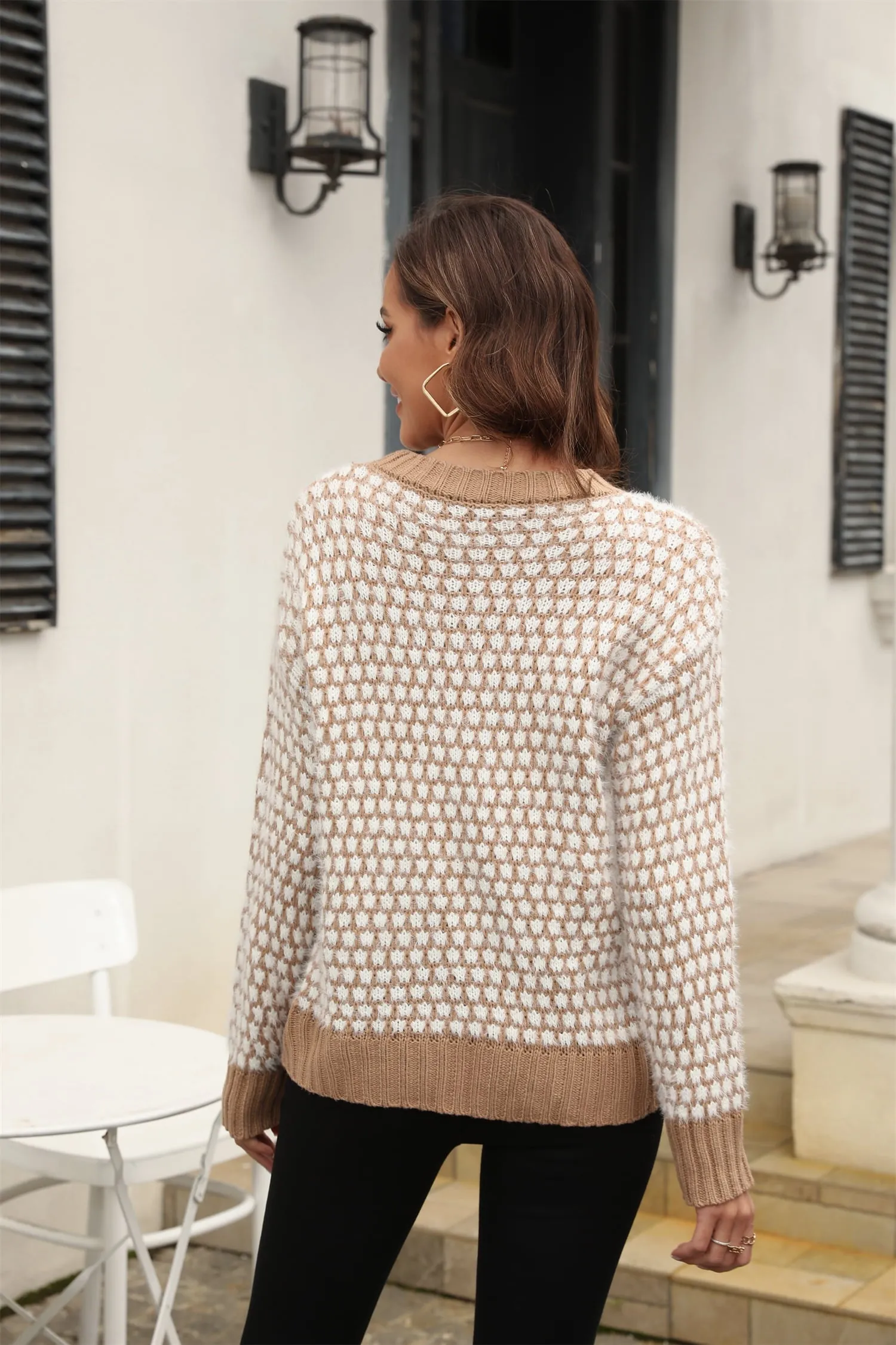 Lorena Printed Round Neck Dropped Shoulder Sweater