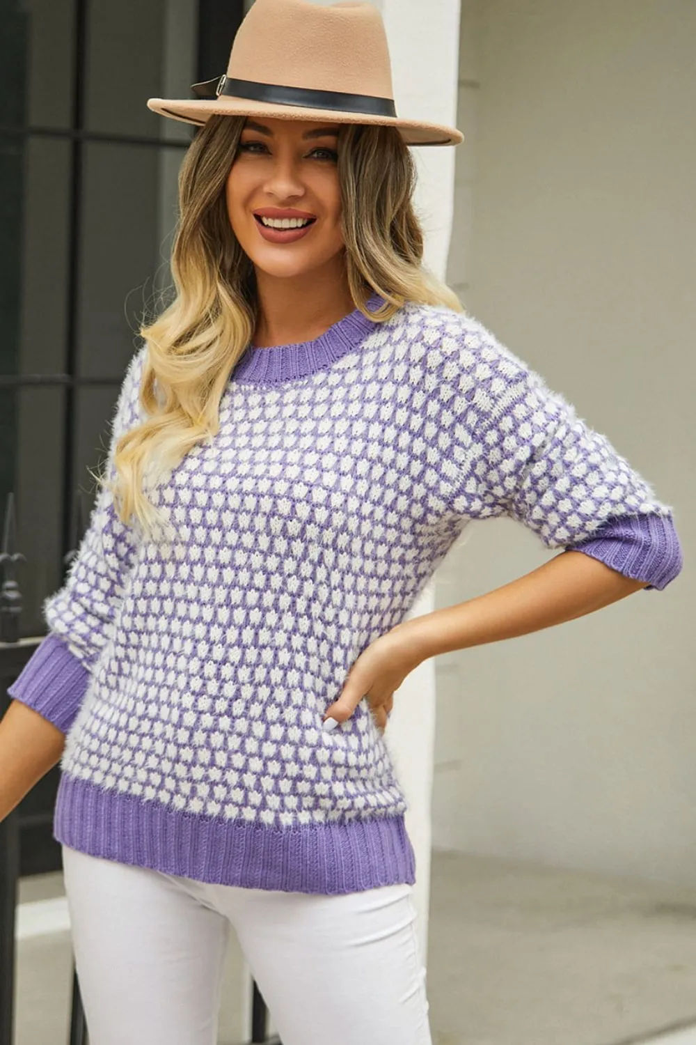 Lorena Printed Round Neck Dropped Shoulder Sweater