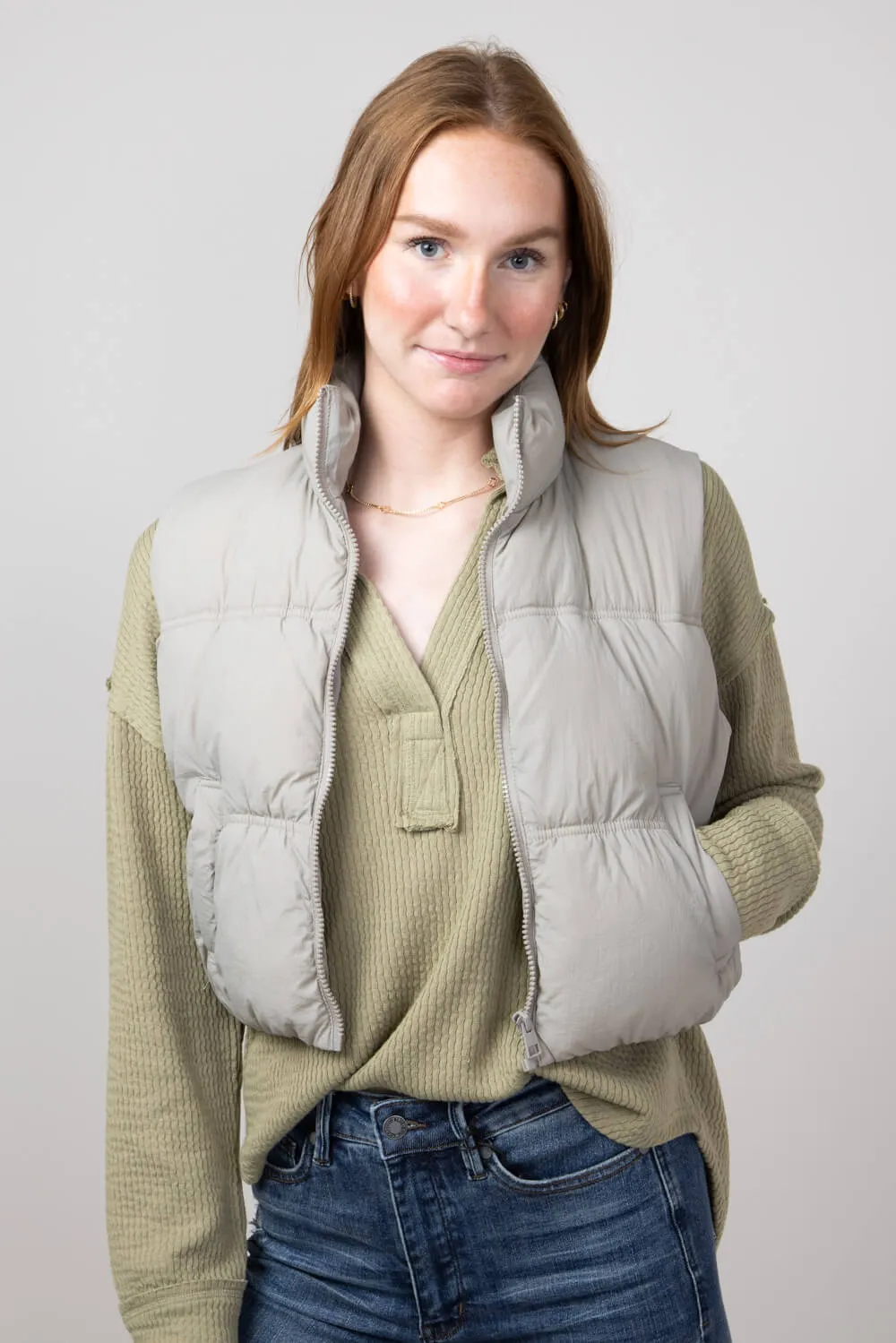 Love Tree Crinkle Puffer Vest for Women in Grey | 5128VH-GREY