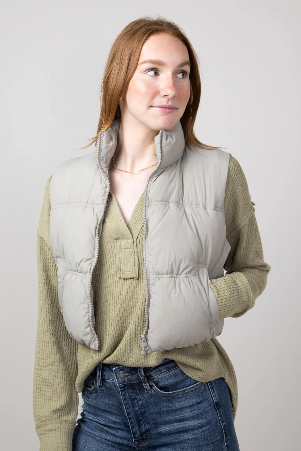 Love Tree Crinkle Puffer Vest for Women in Grey | 5128VH-GREY
