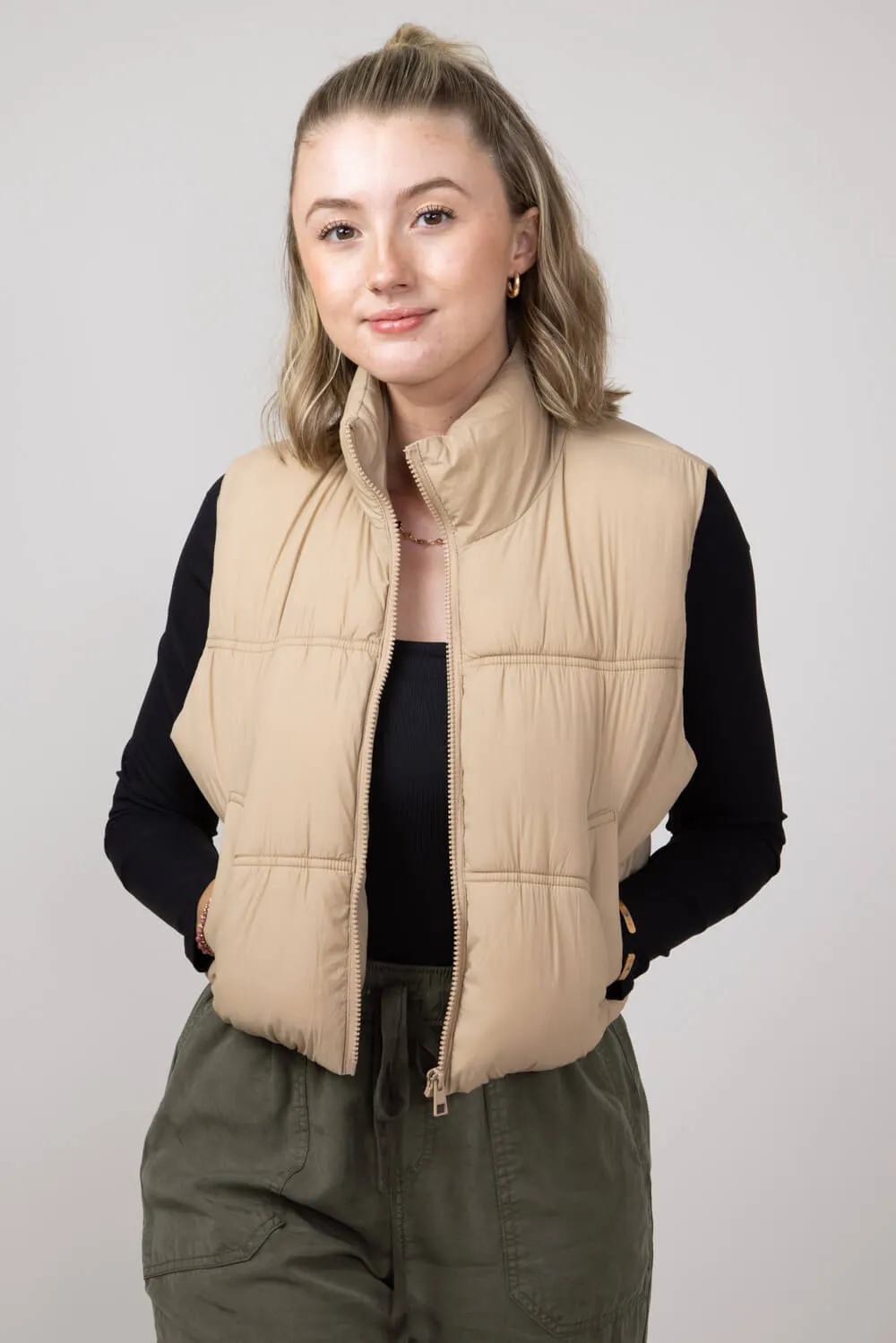 Love Tree Crinkle Puffer Vest for Women in Khaki | 5128VH-KHAKI