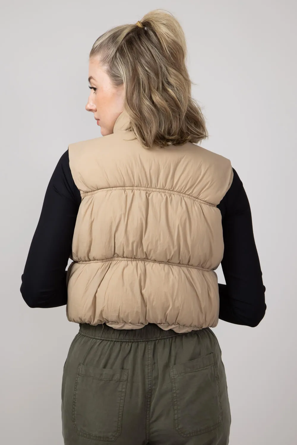 Love Tree Crinkle Puffer Vest for Women in Khaki | 5128VH-KHAKI