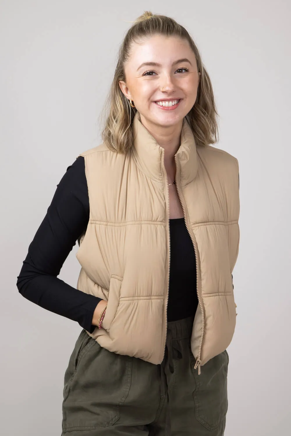 Love Tree Crinkle Puffer Vest for Women in Khaki | 5128VH-KHAKI