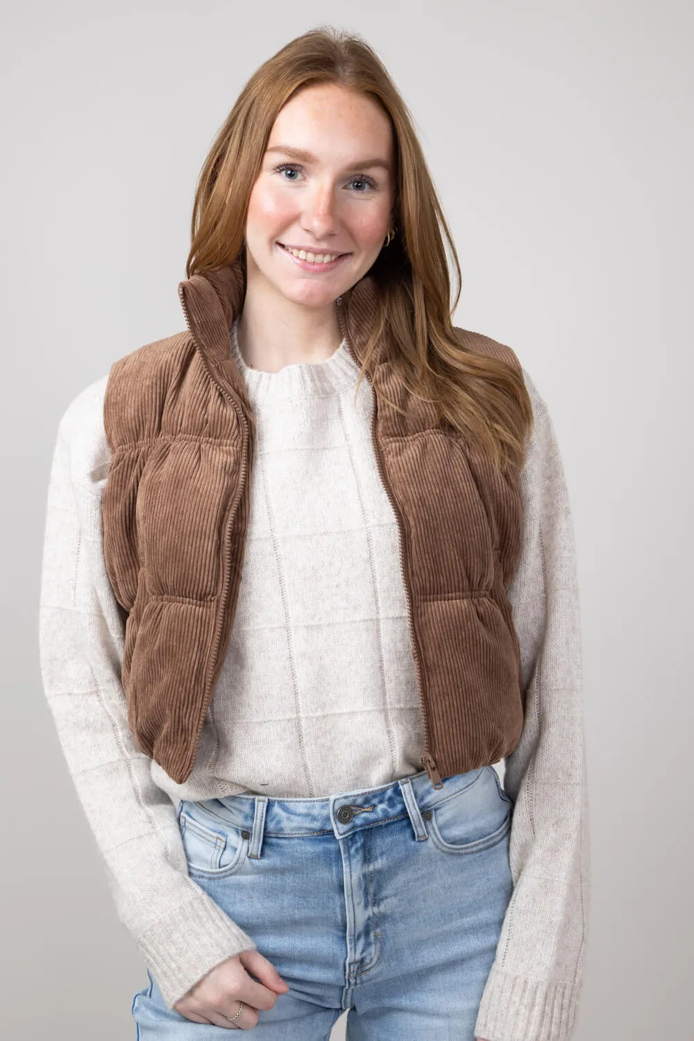 Love Tree Cropped Corduroy Puffer Vest for Women in Cocoa | 5101VH-COCOA