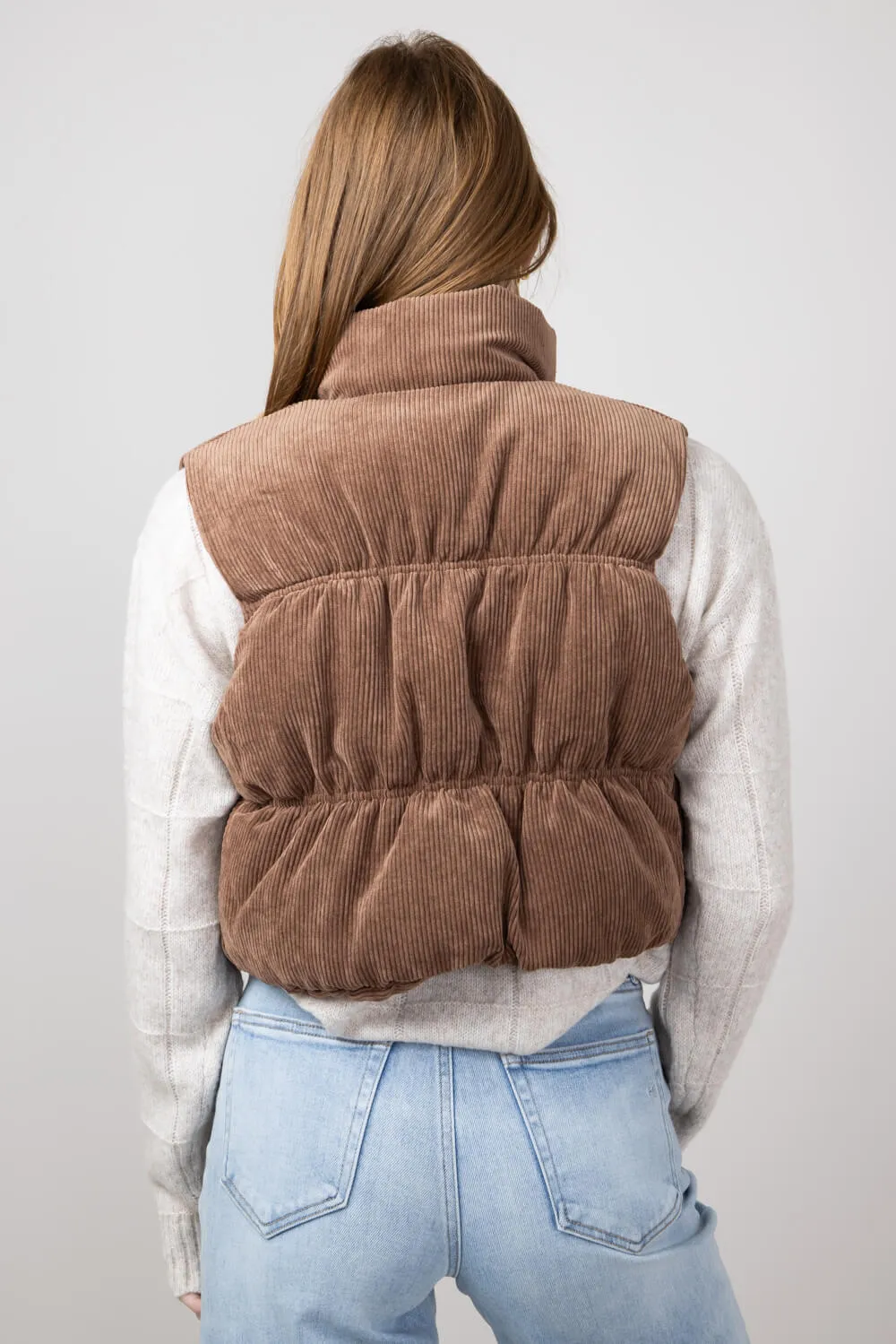 Love Tree Cropped Corduroy Puffer Vest for Women in Cocoa | 5101VH-COCOA