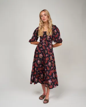 lucinda seersucker puff slv smocked dress - navy