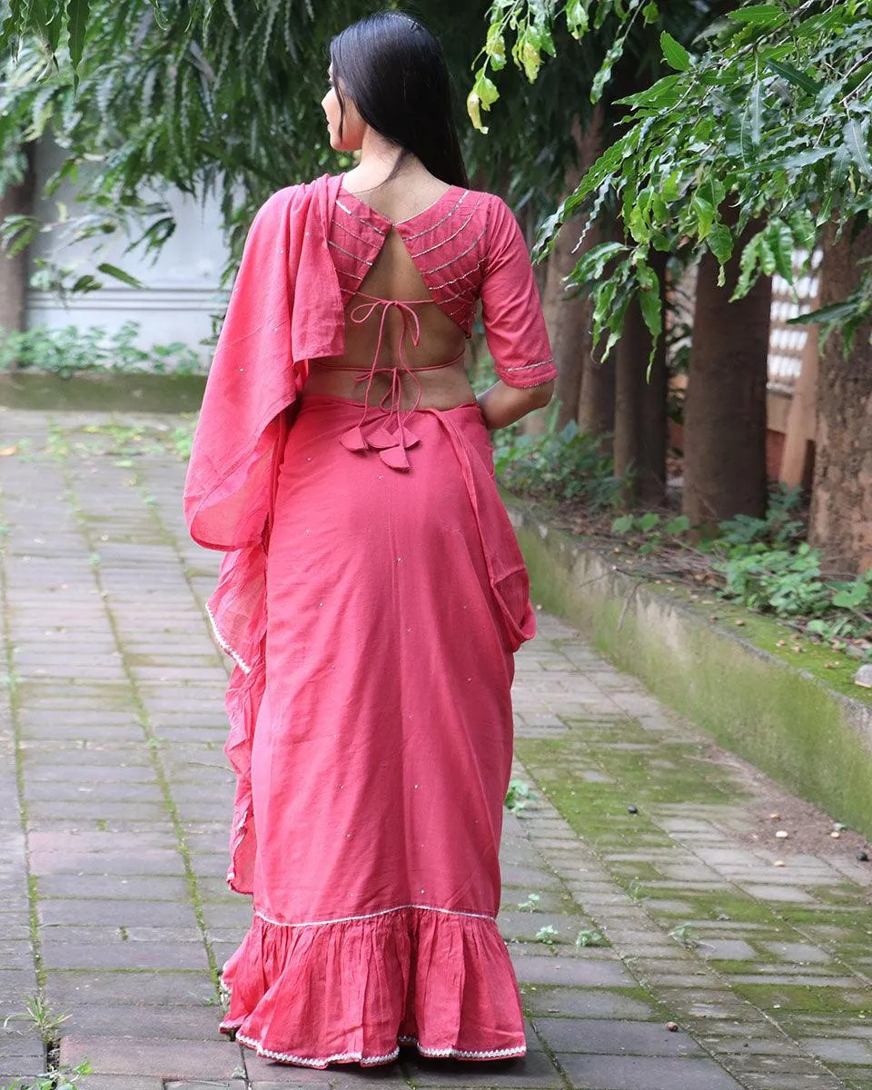 Lumina Pink Mulmul Cotton Saree with Blouse Set of 2 - Jugnoo