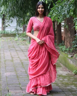 Lumina Pink Mulmul Cotton Saree with Blouse Set of 2 - Jugnoo