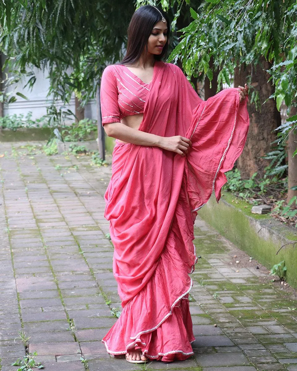 Lumina Pink Mulmul Cotton Saree with Blouse Set of 2 - Jugnoo
