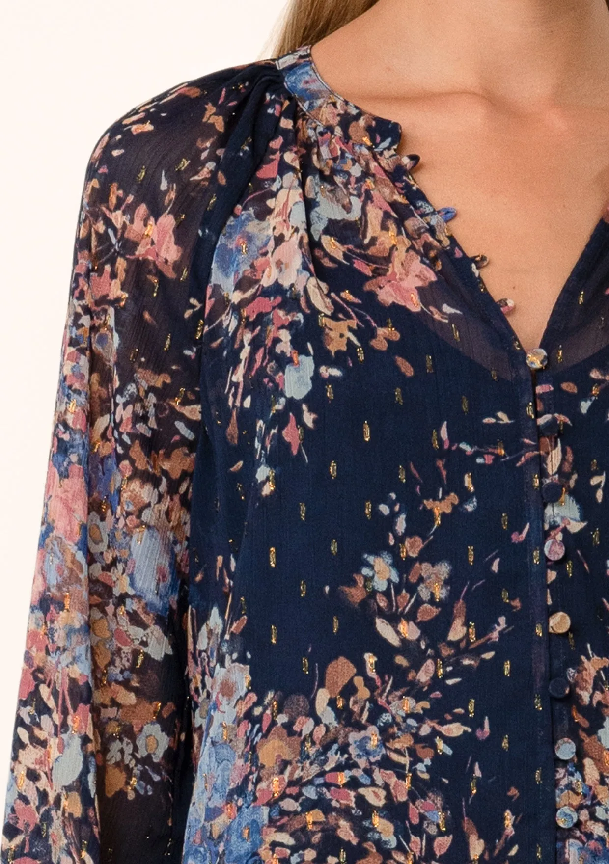 Lurex Floral Button Front Long Sleeve Blouse