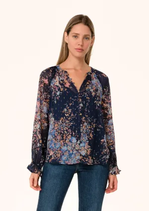 Lurex Floral Button Front Long Sleeve Blouse