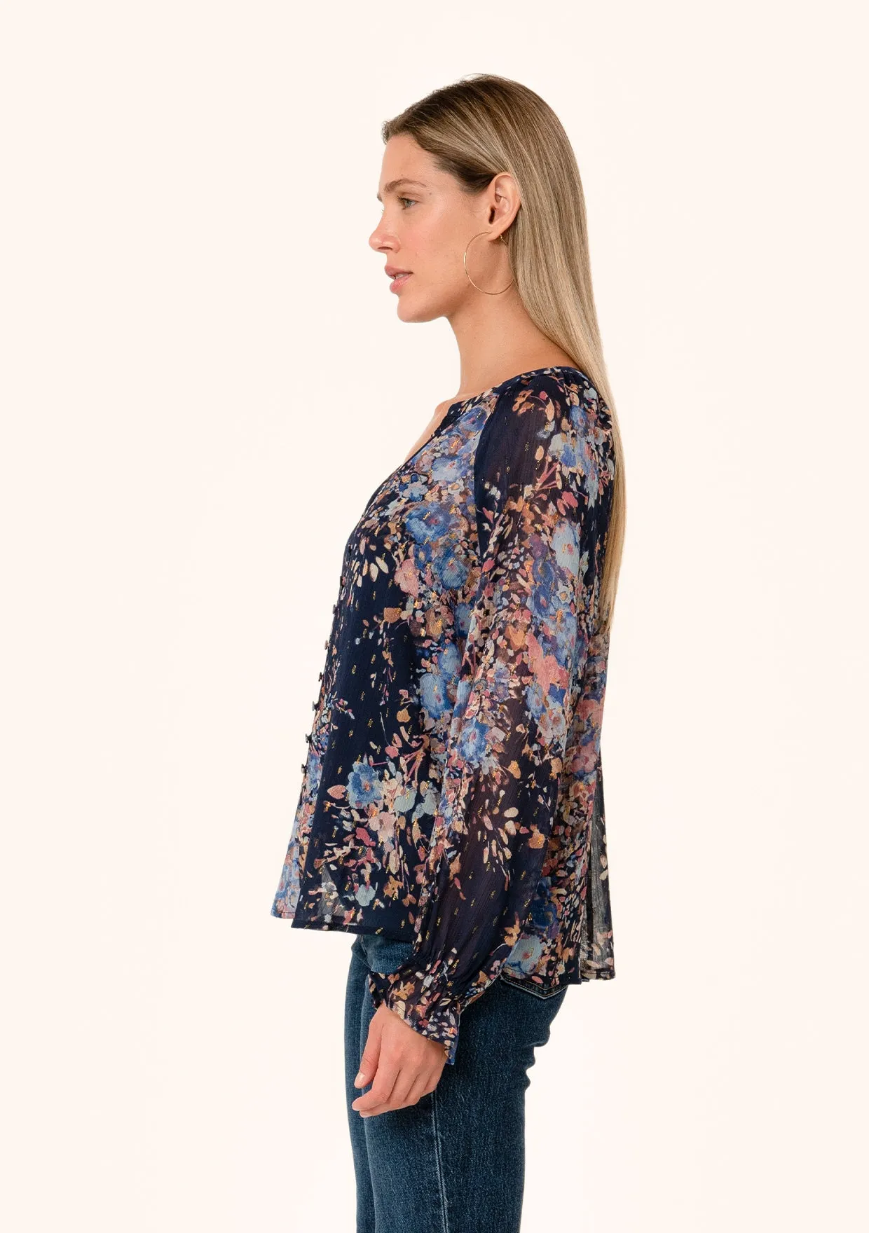 Lurex Floral Button Front Long Sleeve Blouse