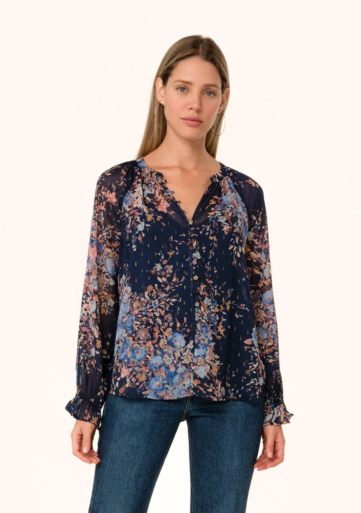 Lurex Floral Button Front Long Sleeve Blouse