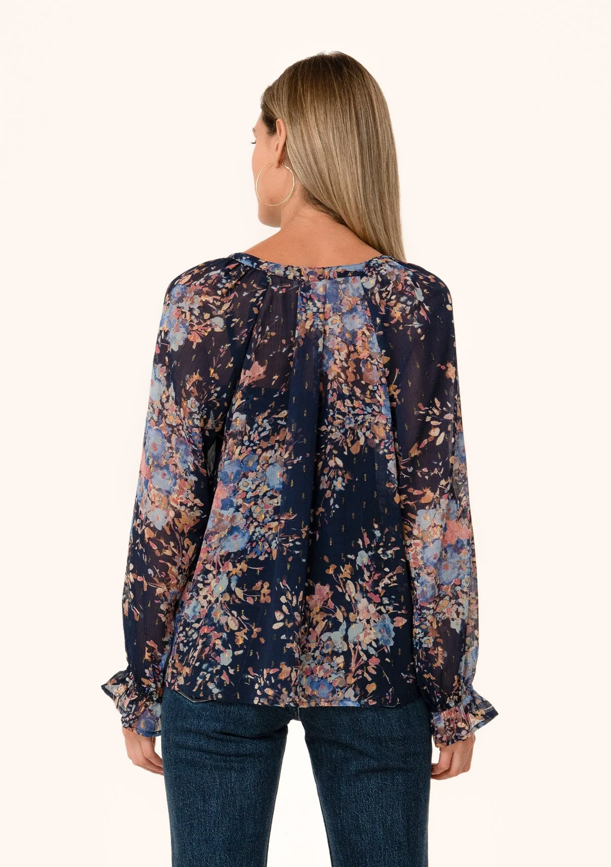 Lurex Floral Button Front Long Sleeve Blouse