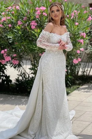 Luxurious Long Ivory Off-the-shoulder Lace Beading Long Sleeves Bridal Wear Long