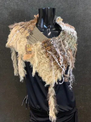 Luxury knit art yarn couture fringe cowl with charms, Indie capulet, bohemian handmade cowl, beige shoulder wrap
