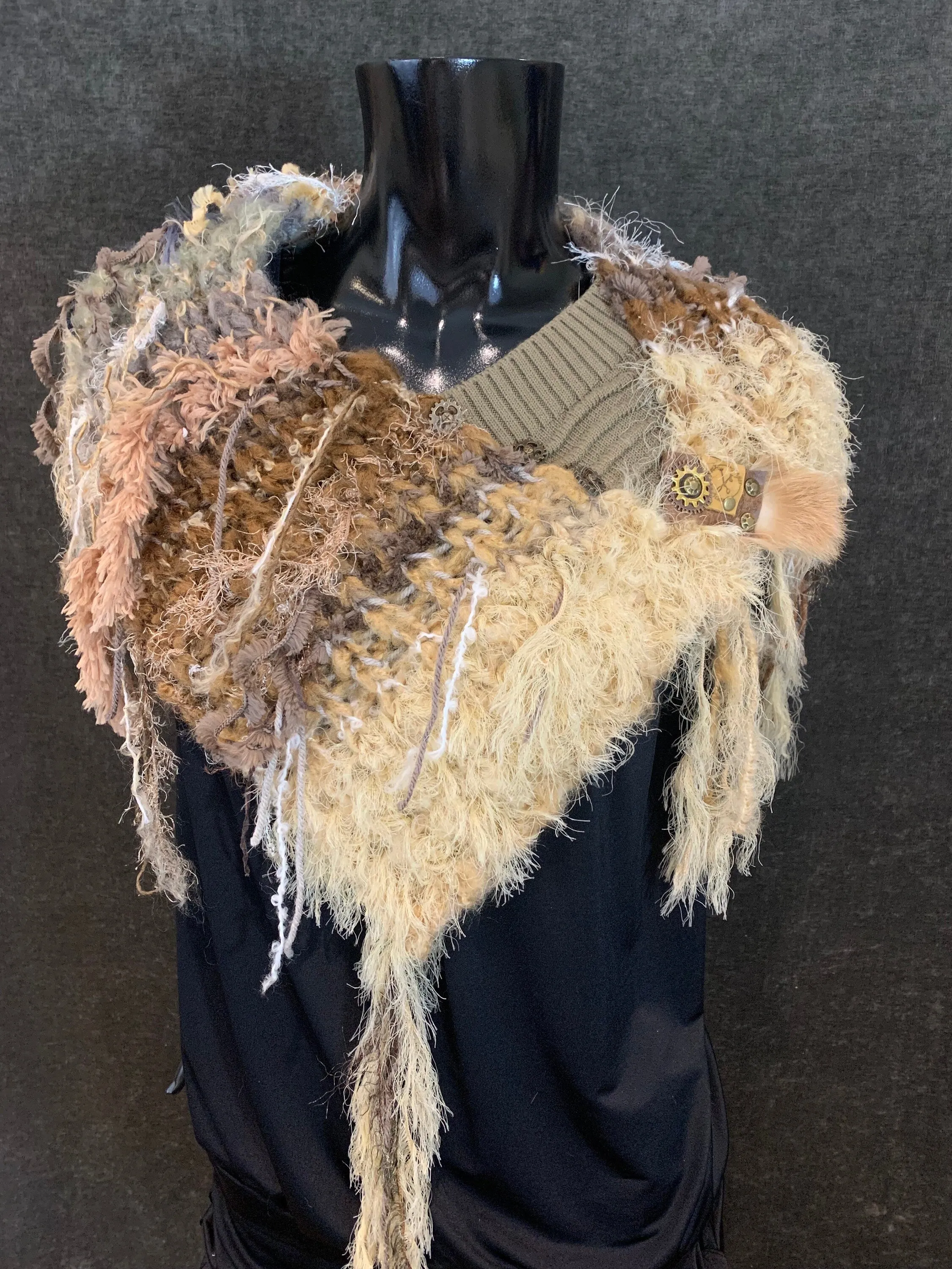Luxury knit art yarn couture fringe cowl with charms, Indie capulet, bohemian handmade cowl, beige shoulder wrap