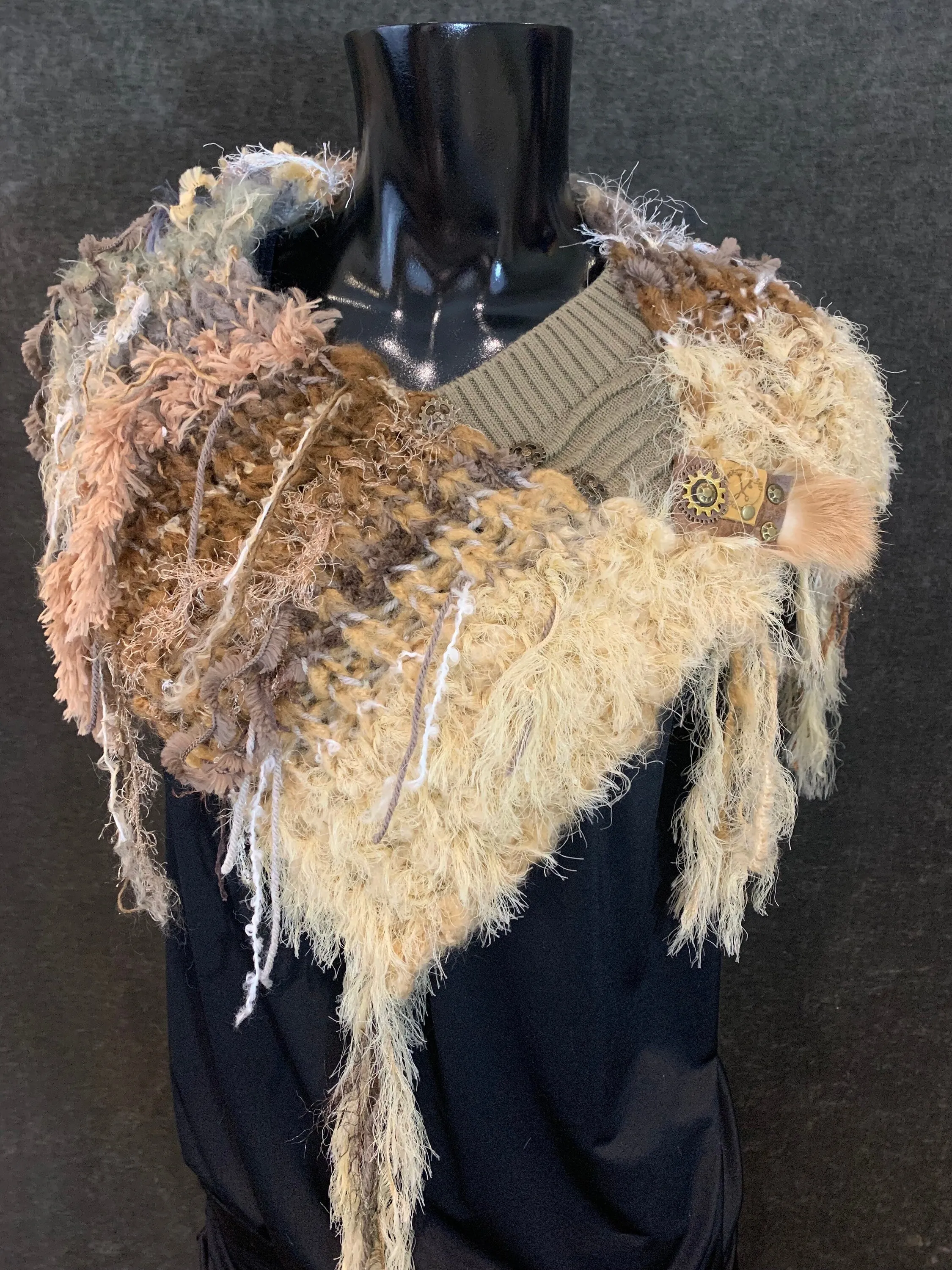 Luxury knit art yarn couture fringe cowl with charms, Indie capulet, bohemian handmade cowl, beige shoulder wrap
