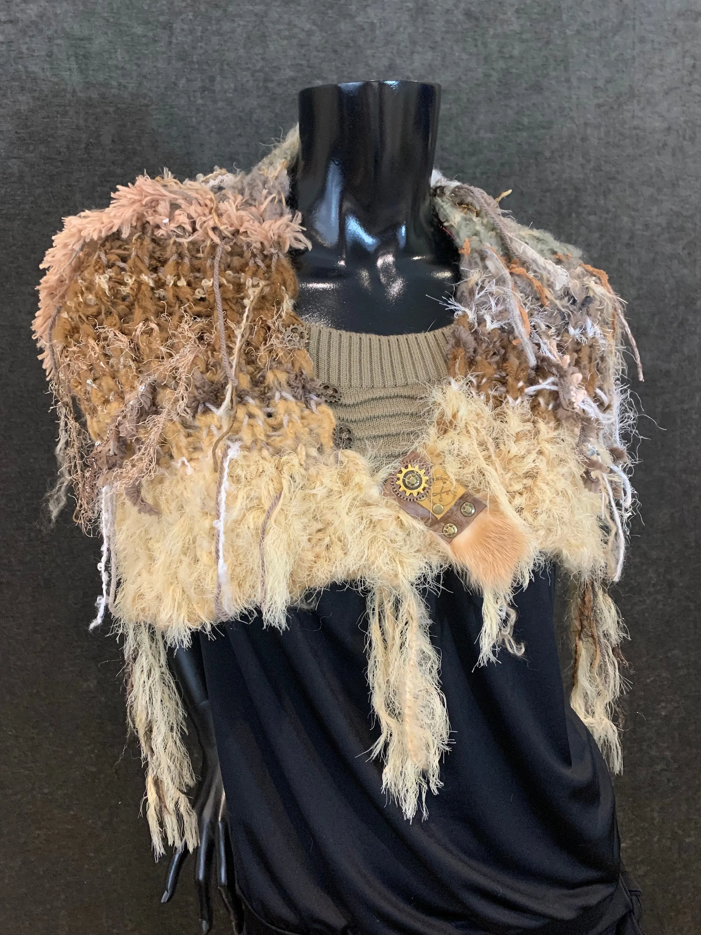 Luxury knit art yarn couture fringe cowl with charms, Indie capulet, bohemian handmade cowl, beige shoulder wrap