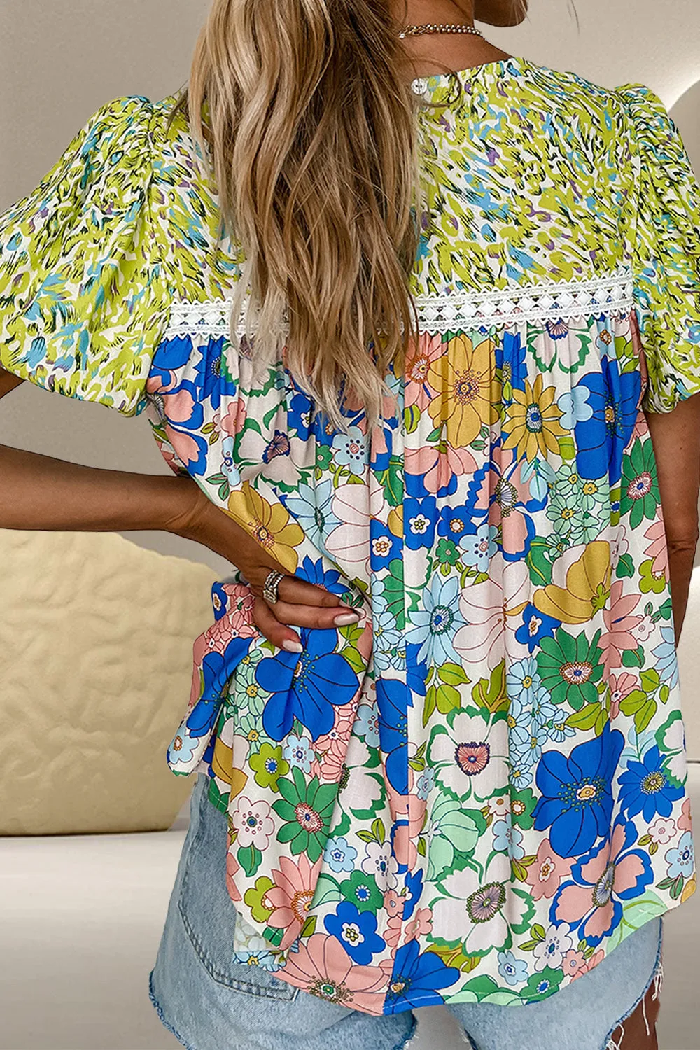Lydia Printed Round Neck Puff Sleeve Blouse