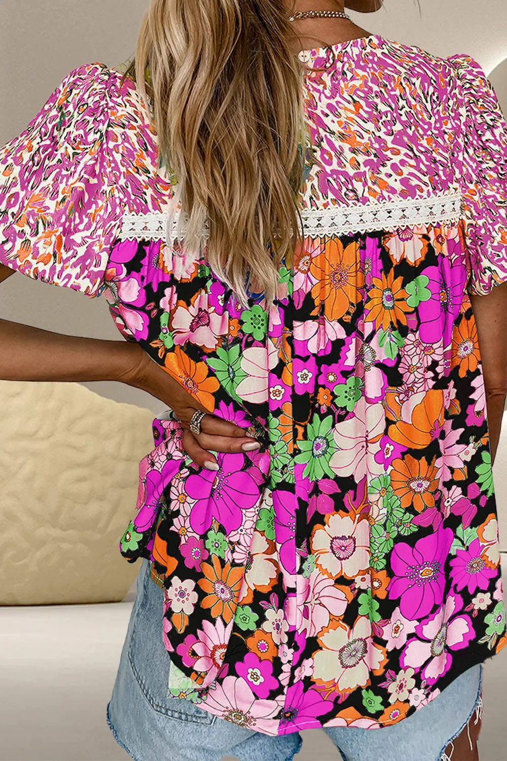 Lydia Printed Round Neck Puff Sleeve Blouse