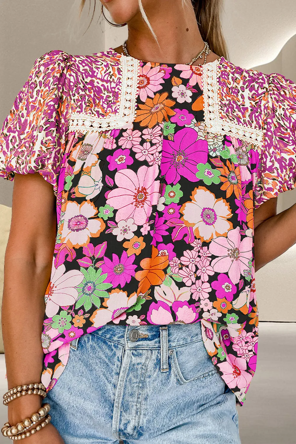 Lydia Printed Round Neck Puff Sleeve Blouse