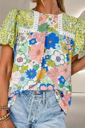 Lydia Printed Round Neck Puff Sleeve Blouse
