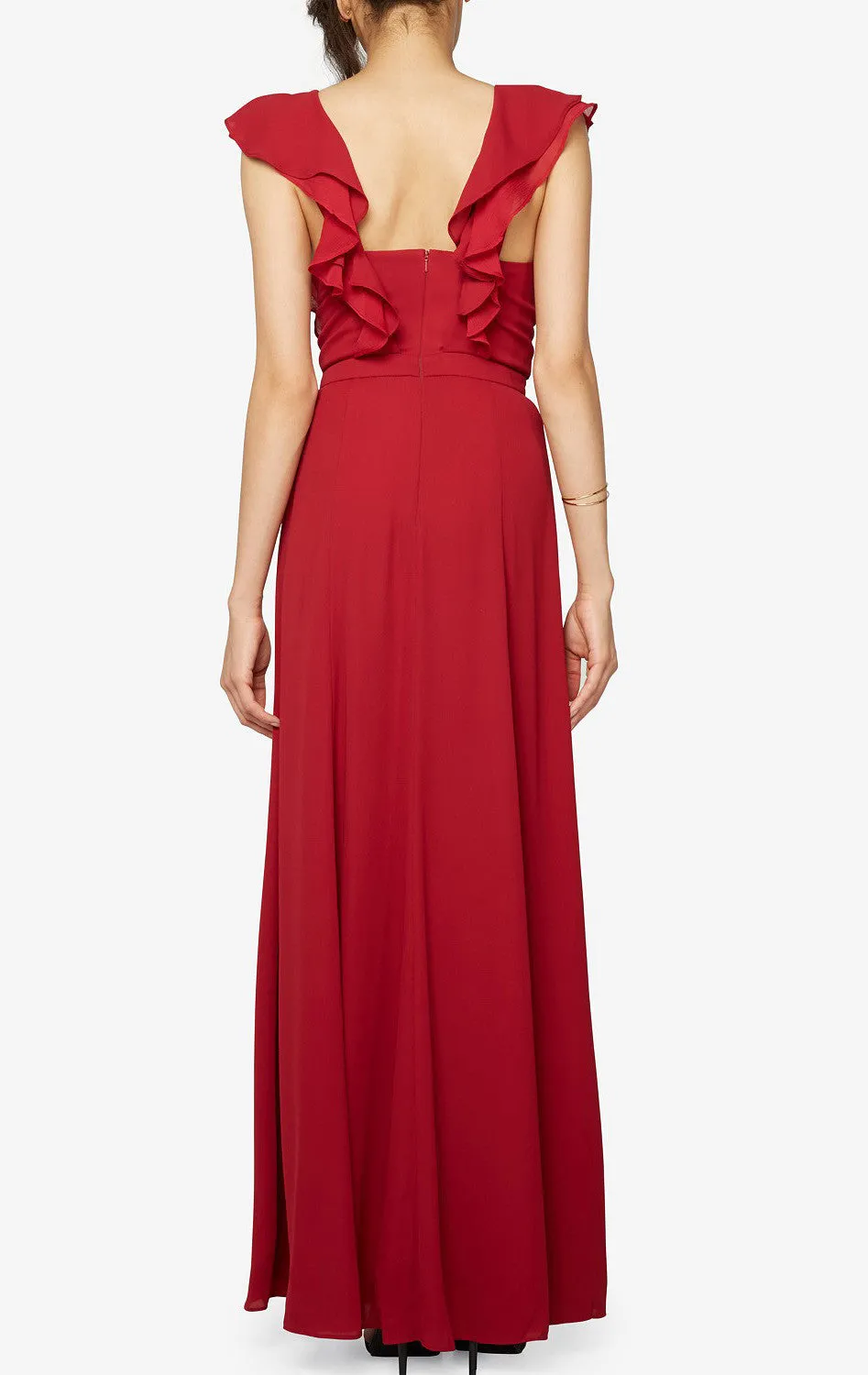 MACloth Straps V Neck Chiffon Long Bridesmaid Dress Ruffled Prom Gown