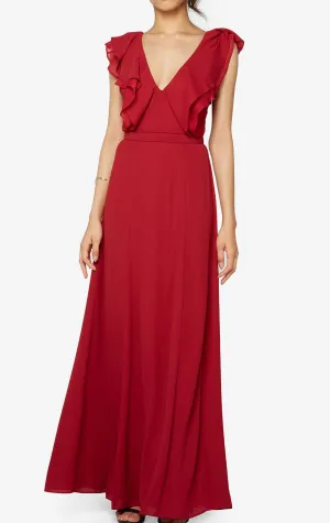 MACloth Straps V Neck Chiffon Long Bridesmaid Dress Ruffled Prom Gown