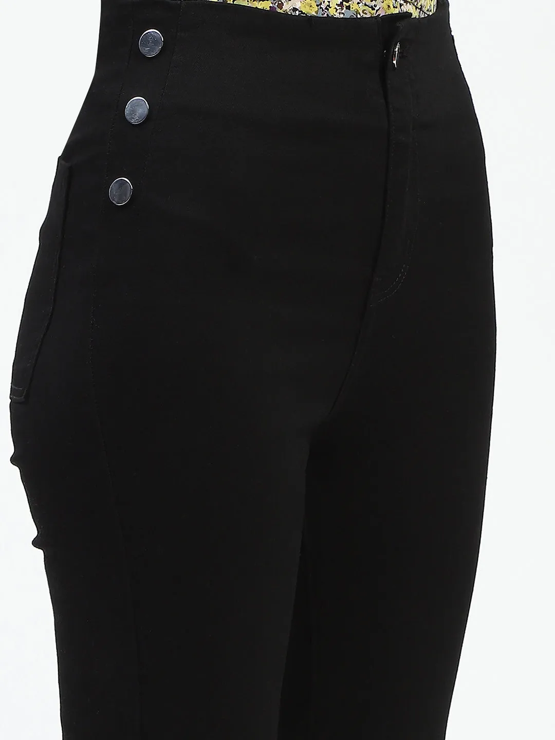 Madame Cotton Button Detailed Black Flared Denim