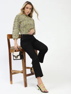 Madame Cotton Button Detailed Black Flared Denim