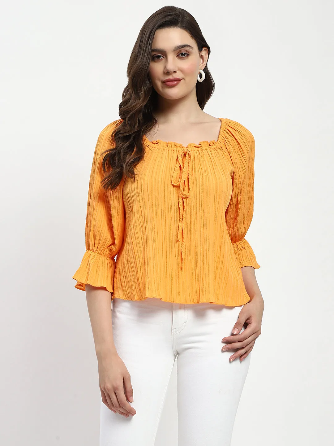 Madame Textured Cotton Blend Smocked Orange Top