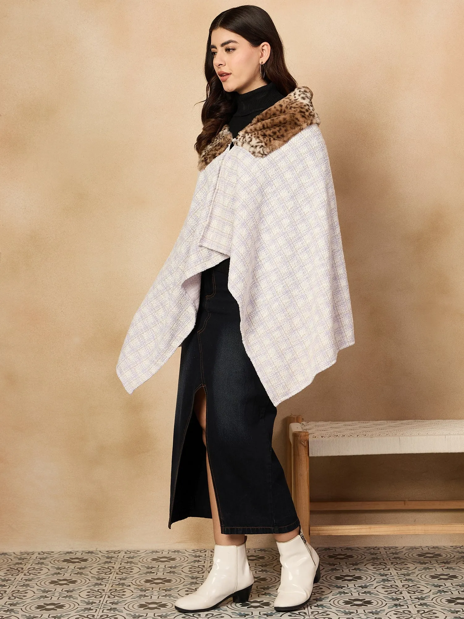 Mauve White Big Check Acrylic Fur Poncho