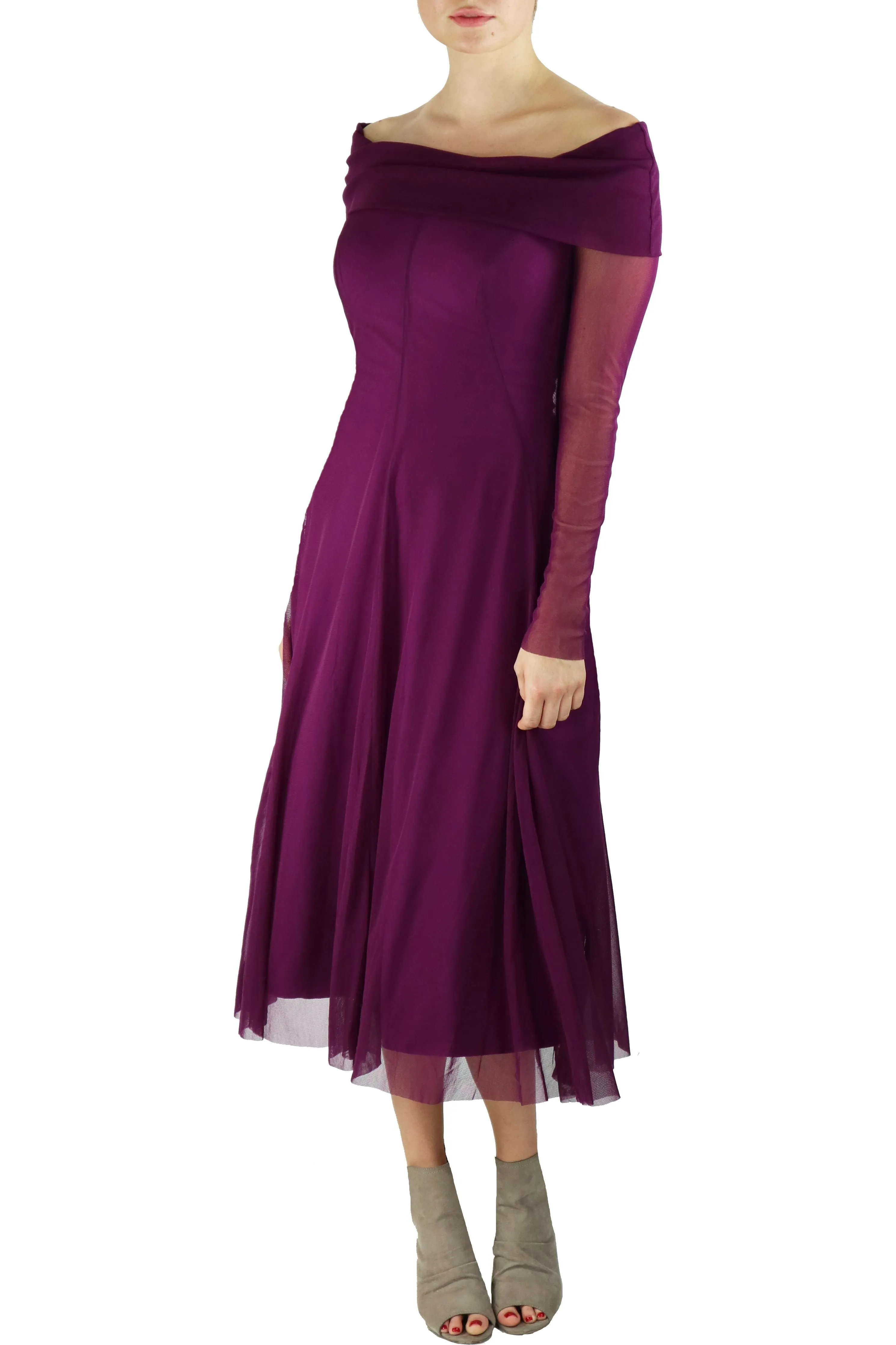 MAXIMA Off Shoulder Mid Calf Flared Dress Plum