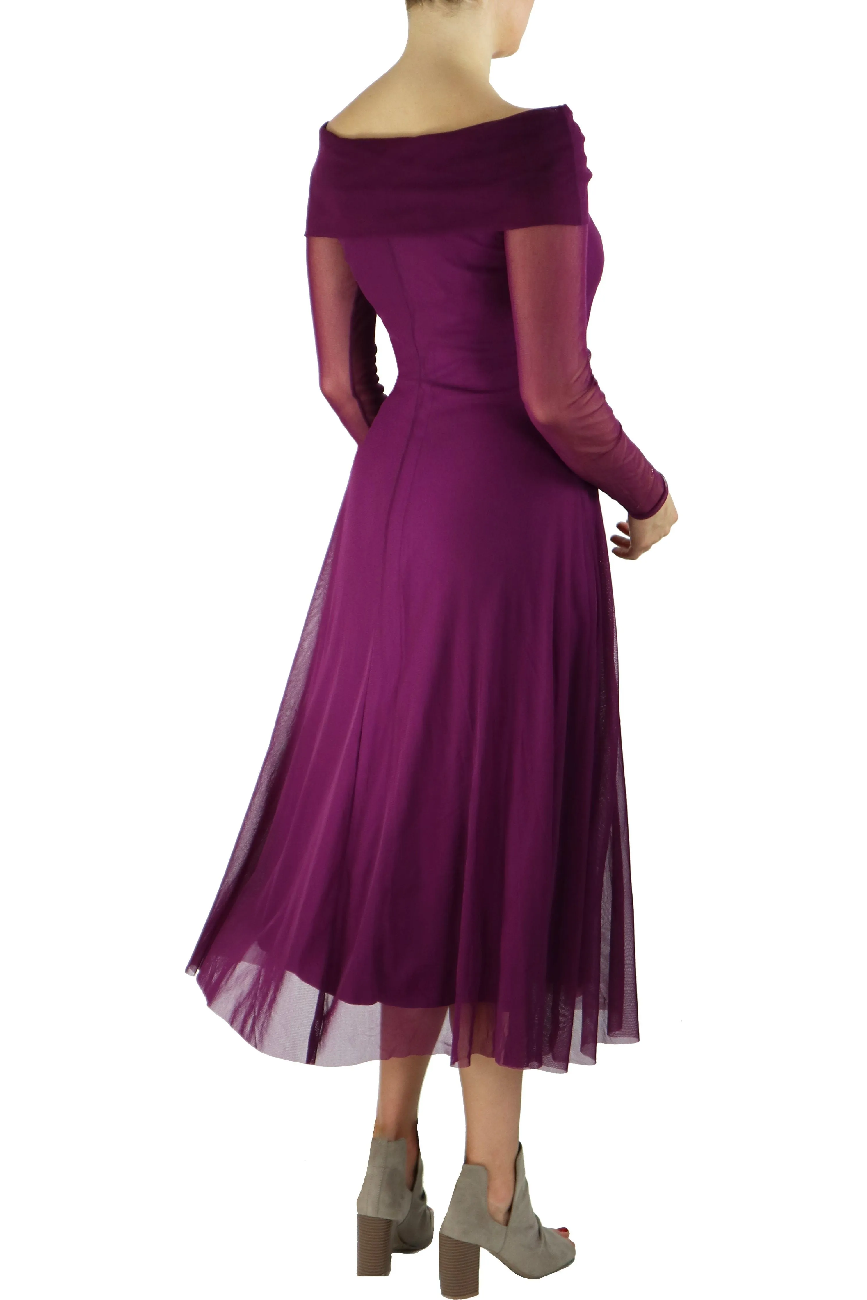 MAXIMA Off Shoulder Mid Calf Flared Dress Plum