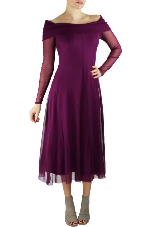 MAXIMA Off Shoulder Mid Calf Flared Dress Plum
