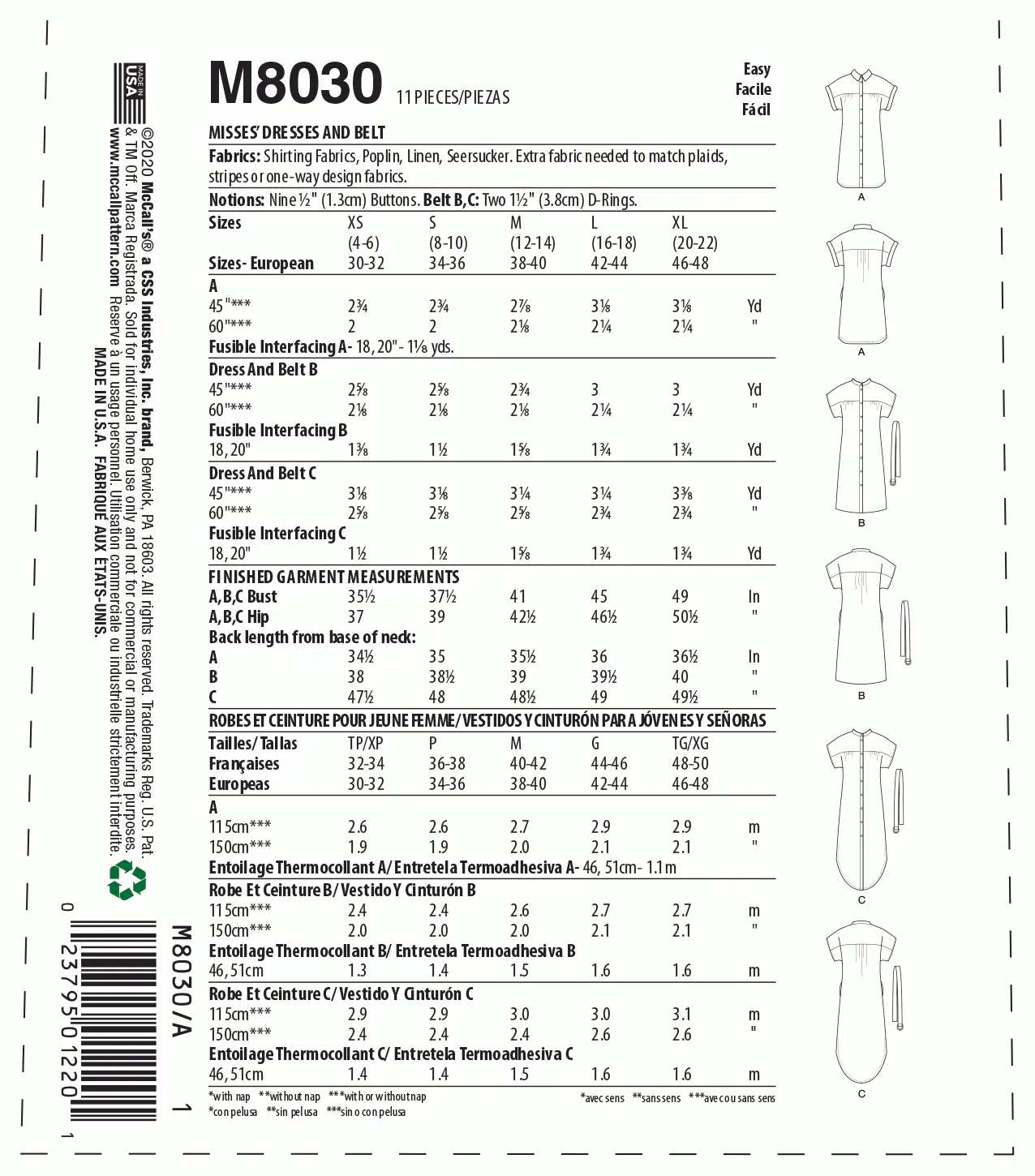 McCall's Pattern M8030 Misses' Dresses & Belt