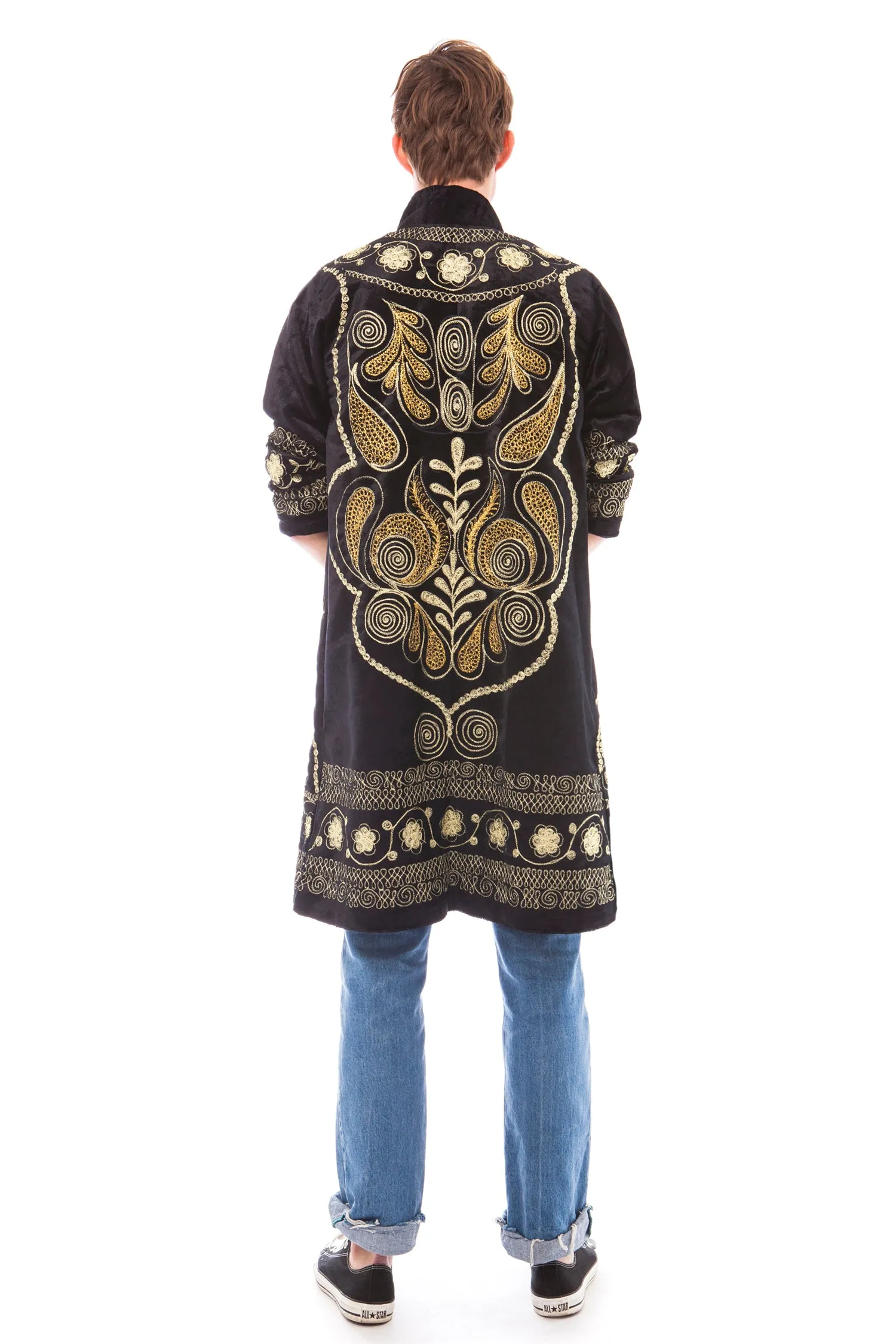 Men's Black Velvet and Gold Embroidered Robe