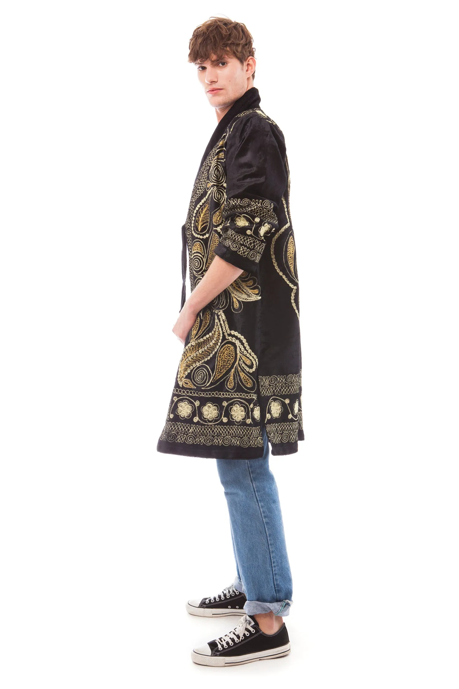 Men's Black Velvet and Gold Embroidered Robe