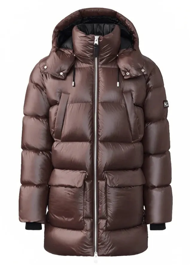 Men’s Chocolate Brown Puffer Trench Coat with Removable Hood