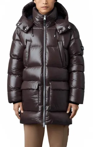 Men’s Chocolate Brown Puffer Trench Coat with Removable Hood