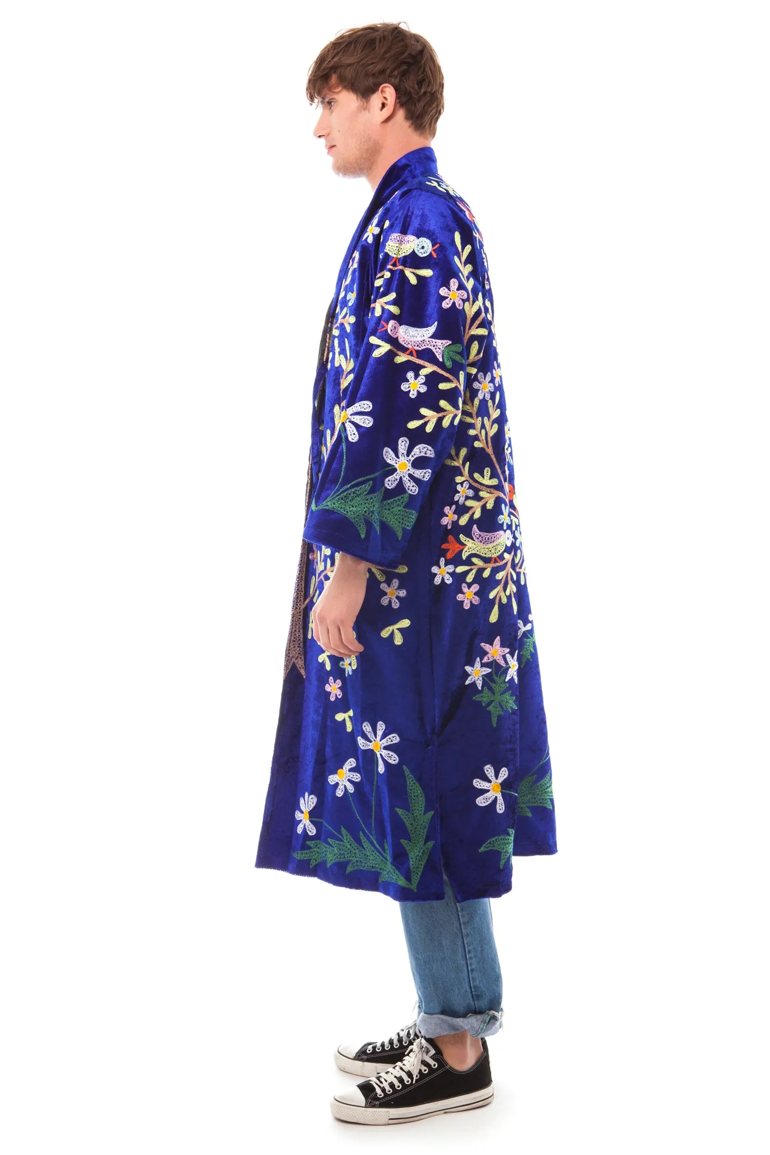 Men's Royal Blue Velvet and Multi-Colour Embroidered Robe