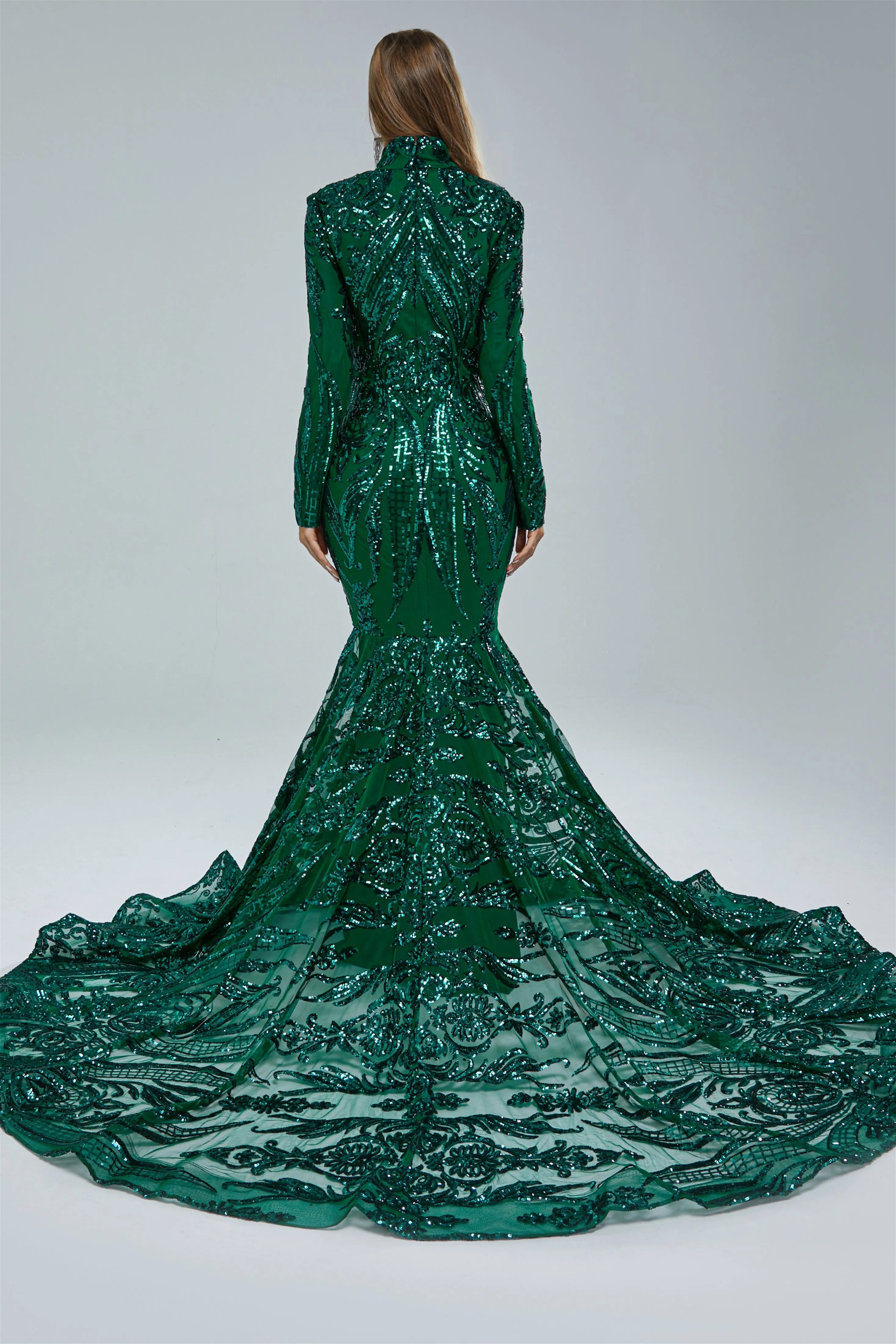 Mermaid High Neck Lace Sequined Floor-length Long Sleeve Elegant Prom Dress