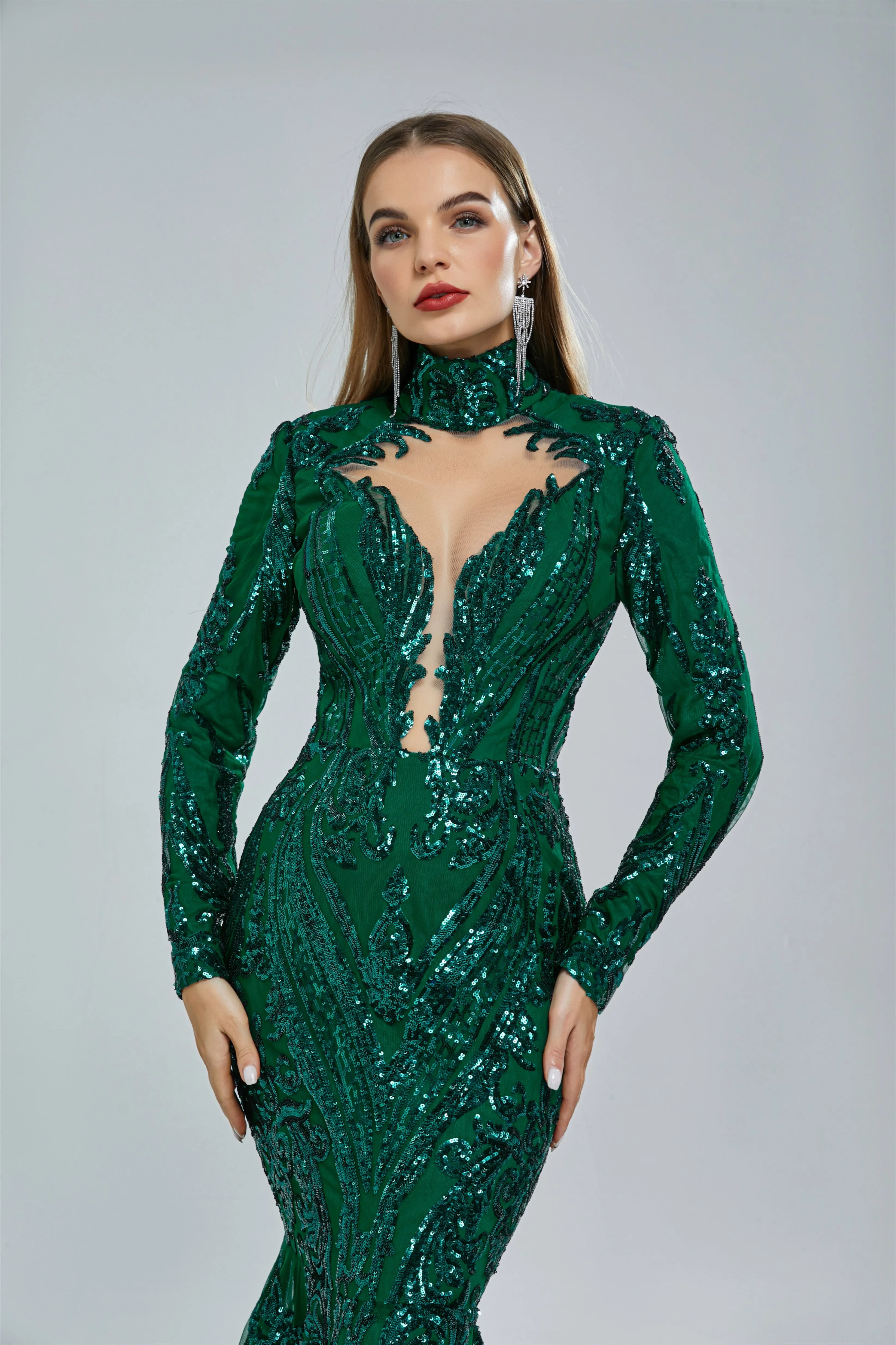 Mermaid High Neck Lace Sequined Floor-length Long Sleeve Elegant Prom Dress