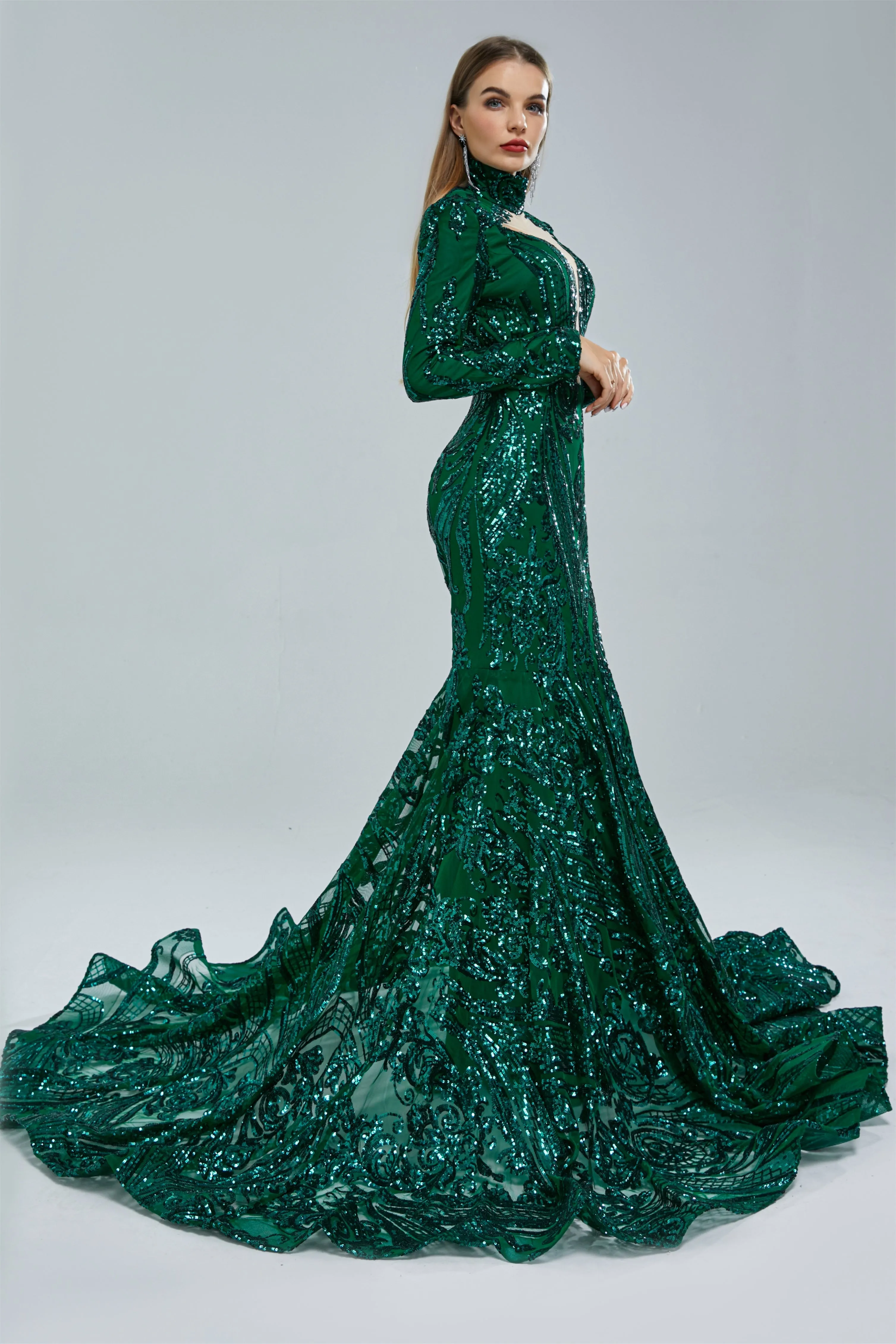 Mermaid High Neck Lace Sequined Floor-length Long Sleeve Elegant Prom Dress